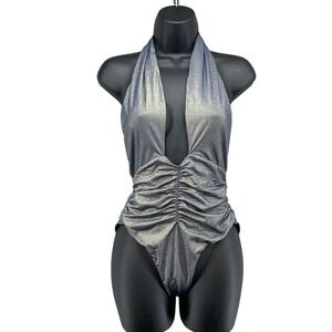 PQ Swim Bodysuit Womens L Adult Silver Blue Metallic Ruched Halter Deep V Neck